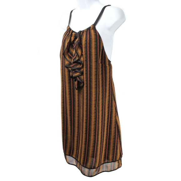 BCBGENERATION Brown & Black Striped Pattern Ruffle Low Open Back Dress Size M - Picture 2 of 4